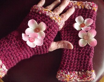 Fingerless Gloves, Texting Gloves, Crochet Gloves, Pink, Maroon, Boho Gloves, Shabby Chic, Flower Embellished