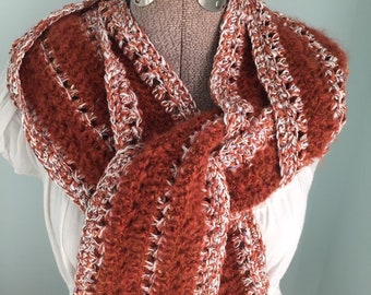 Handmade Crochet Scarf, Terra Cotta Brown, Autumn Leaves Colors, Rust, Brown, White Brown scarf, Soft Scarf, Long Scarf