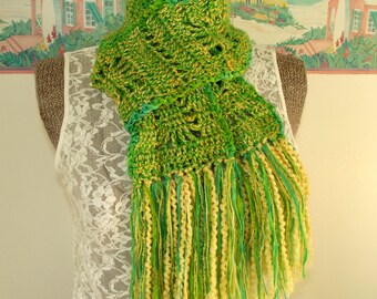 Crochet Scarf, Green Scarf, Yellow Neck Scarf, Handmade Scarf, Boho, Soft Scarf, Snowflake, Spider Web, Wrap