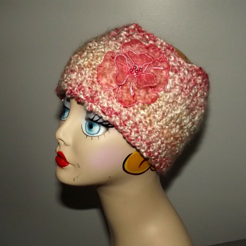 Flower Headband Wide Headband Girl Tweens Headband Crochet Ear Warmer Pink Ski Hat Pink Cream Coral Soft Winter Ski
