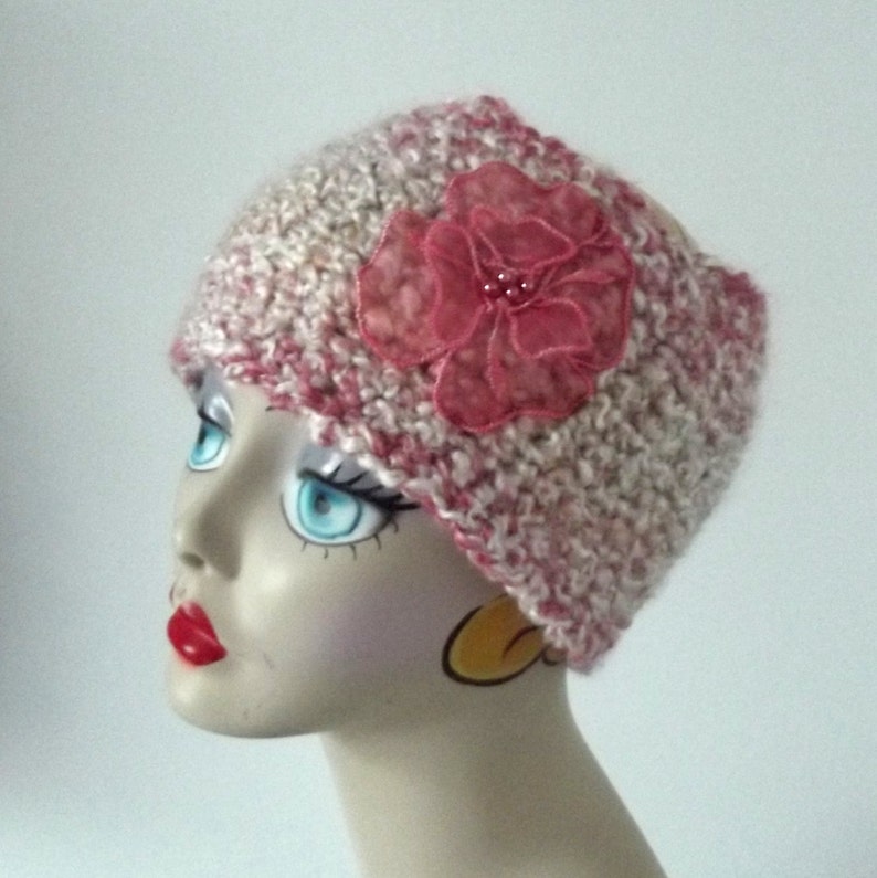 Flower Headband Wide Headband Girl Tweens Headband Crochet Ear Warmer Pink Ski Hat Pink Cream Coral Soft Winter Ski