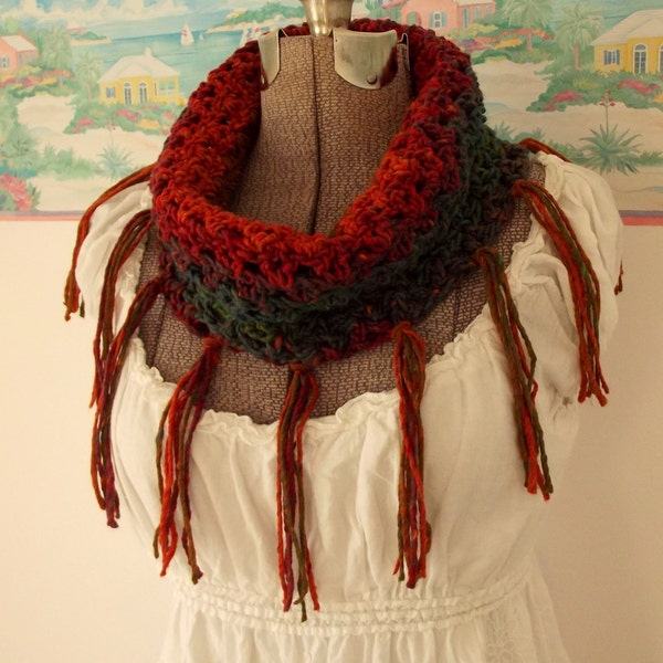 Handmade Cowl, Crochet Cowl, Rainbow, Green, Orange, Teal, Brown, Collar, Scarflet, Fringe, Fiber Necklace, Colorful Scarf