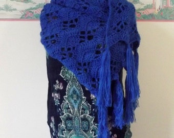 Lacy Shawl, Crochet Shawl, Handmade Shawl, Super Scarf, Wrap, Royal Blue Shawl, Boho Wrap. Soft, Nursing Privacy Cover