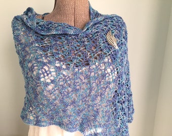 Crochet Shawl, Handmade Shawl, Blue Turquoise Wrap, Blue Shawl, Boho Wrap. Soft, Nursing Privacy Cover, Silver Metallic, Lace Shawl