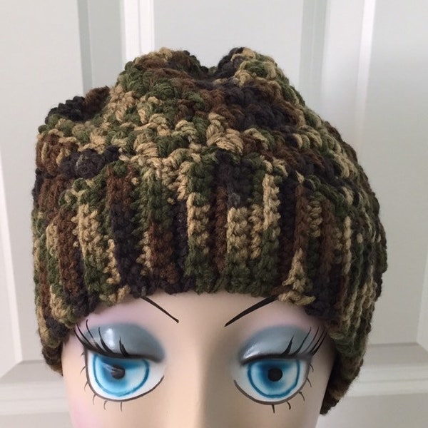 Camo Hat, Crochet Hat, Brown Green Hat, Ladies Teens Cap, Winter, Outdoor Activities Cap, Ski Hat, Acrylic, Warm Hat