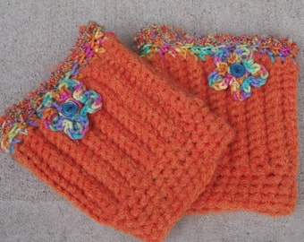 Crochet Boot Cuffs, Legwarmers, Orange, Mod Flower Power, Wear inside or outside your Boots, Tattoo Cover