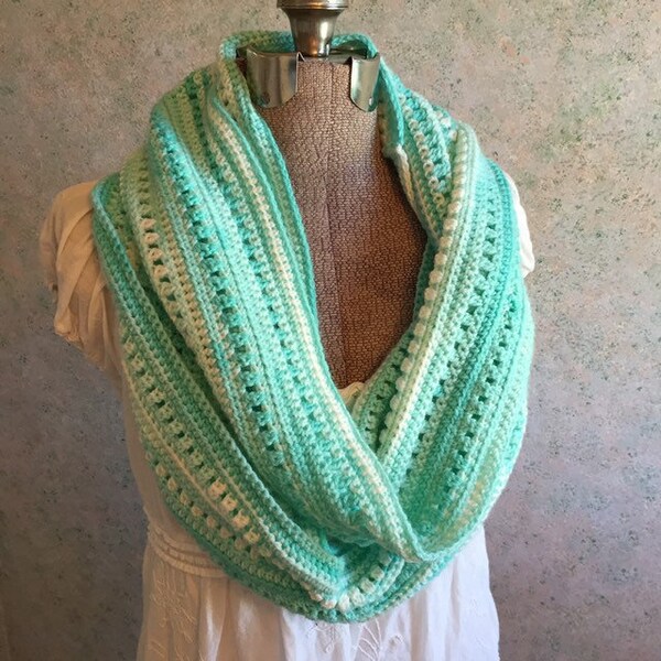 Mint Green Scarf, Infinity Scarf, Handmade, Long Crochet Scarf, Green White, Acrylic Yarn, Wrap it Once Twice or Three Times Around, Cozy