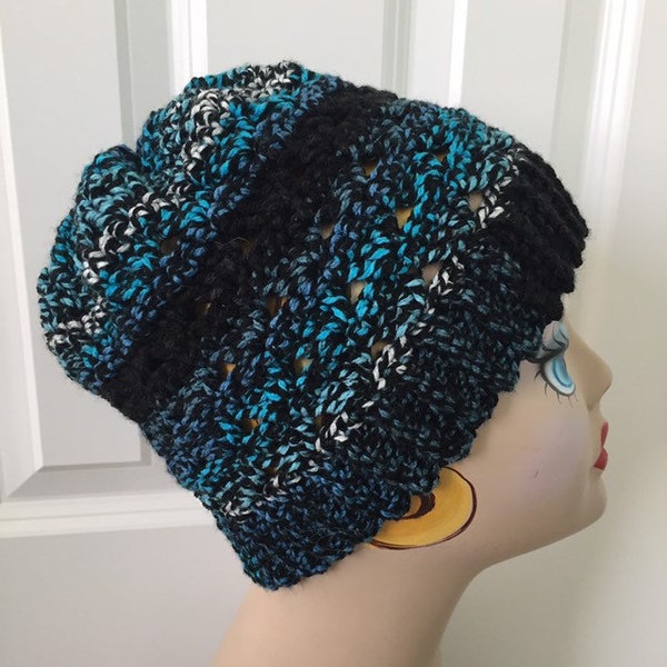 Crochet Hat, Warm Hat, Black Turquoise Hat, Handmade Cap, Soft Hat, Ladies Hat, Adult, Teen, Chemo Hat, Shell Hat, See the Matching Scarf