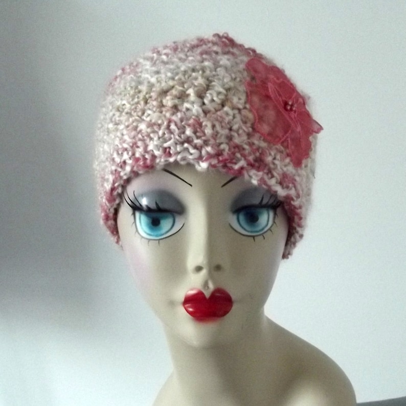 Flower Headband Wide Headband Girl Tweens Headband Crochet Ear Warmer Pink Ski Hat Pink Cream Coral Soft Winter Ski