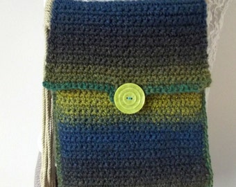 Crochet Purse, Lined Shoulder Bag, Fiber Handbag, Handmade Bag, Modern Bag, Turquoise Purse, Green, Rust, Mod Button