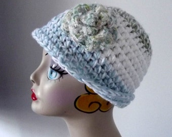 Crochet Acrylic Hat, Ladies Teens, Sweet, Ski Outdoor Activities Cap, White, Aqua, Green, Flower Embellishment
