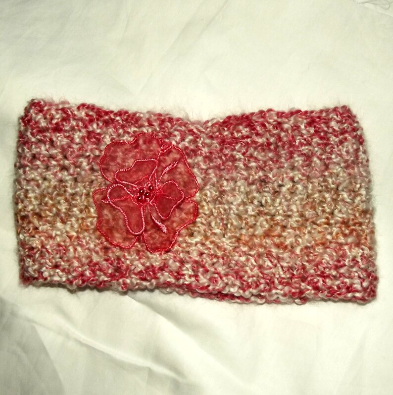 Flower Headband Wide Headband Girl Tweens Headband Crochet Ear Warmer Pink Ski Hat Pink Cream Coral Soft Winter Ski