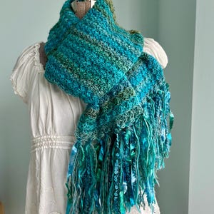 Crochet Scarf, Turquoise Green Scarf, Thick Scarf, Long Scarf, Handmade Scarf, Fringe Scarf, Textured Scarf, Aqua, Turquoise