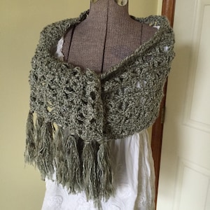 Crochet Shawl, Super Scarf, Handmade Shawl, Soft Shawl, Sage Green Shawl, Gray Lace Wrap, Nursing Privacy Drape, Boho Wrap, Fringe