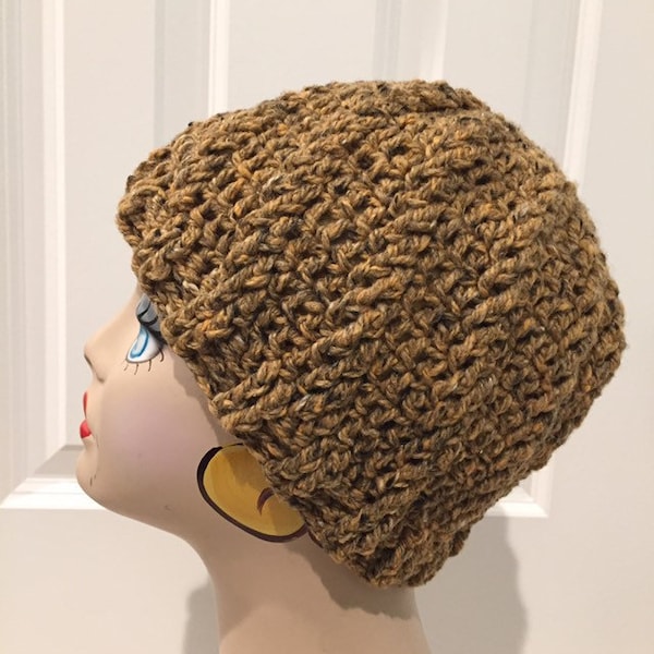 Crochet Hat, Ladies Hat, Mens Hat, Handmade Hat, Gold Tweed Hat, Wool Hat, Textured Hat, Ski Outdoor Cap, Handmade Cap, Unisex Hat