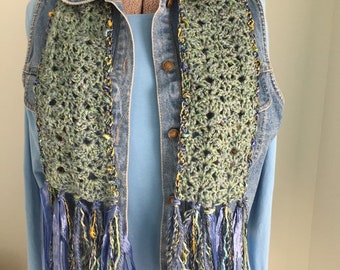 Crochet Scarf Petite, Green Blue Scarf, Lightweight, Spring Scarf, Shorter Length Scarf, Handspun, Seamist Green, Boho Scarf