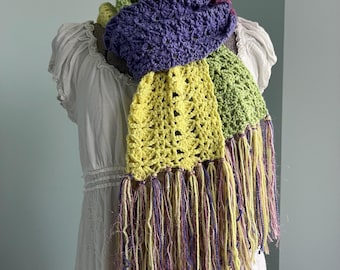 Crochet Scarf, Green Yellow Pink Purple Scarf, Handmade Scarf, Boho, Soft Scarf, Spring Colors, Wrap, Colorful Fringe, Long Scarf