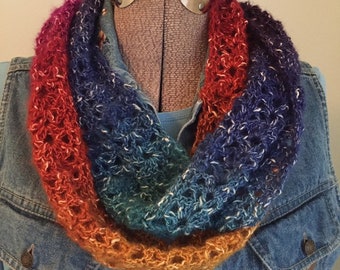 Crochet Scarf, Infinity Scarf, Handmade, Scarf, Rainbow, Purple, Violet, Blue, Aqua, Red, Orange, Wrap it Once or Twice Around