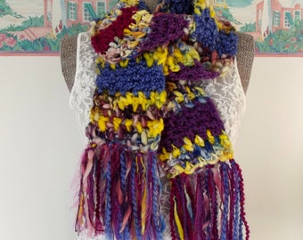 Crochet Scarf, Handmade Scarf, Chunky Scarf, Bright Scarf, Pink, Purple, Yellow, Scrappy, Eco-Friendly, Boho Scarf