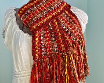 Crochet Scarf, Colorful, Bright, Autumn, Orange Red Gold Brown, Foliage, Leaves, Ecofriendly, Handmade Scarf, Fringe, Boho Scarf, Fall