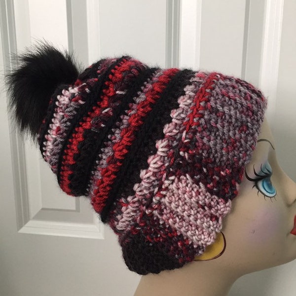 Crochet Hat, Black Red Hat, Handmade Hat, Ladies Teens Cap, PomPom Hat, Red Black Gray, Winter Cap, Ski Hat, Soft Acrylic