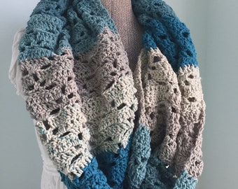 Infinity Scarf, Crochet Scarf, Chunky Scarf, Turquoise Taupe Scarf, Scoody, Scarf and Hood, Neck Wrap, Lacy Scarf