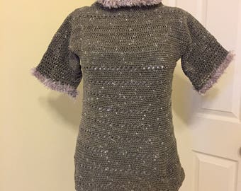 Crochet Sweater, Pullover Sweater, Handmade Sweater, Ladies Sweater, Army Green Sweater, Furry Trim, Extra Layer, Short Sleeve Sweater