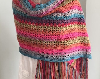 Crochet Shawl, Handmade Shawl, Spring Breezes Wrap, Rainbow Shawl, Boho Wrap. Soft, Nursing Privacy Cover, Gold Metallic