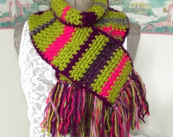Crochet Scarf, Handmade Scarf, Bright Neck Wrap, Green, Purple, Fuschia, Hot Pink, Soft Scarf, Multicolor Scarf, Wooly, Petunias