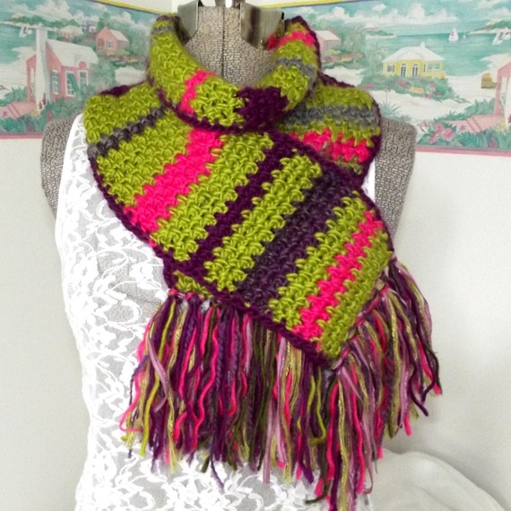 Crochet Scarf, Handmade Scarf, Bright Neck Wrap, Green, Purple, Fuschia, Hot Pink, Soft Scarf, Multicolor Scarf, Wooly, Petunias