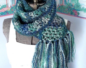 Alpine Snowstorm Scarf, Soft Scarf, Crochet Scarf, Thick, Jade Green Dusky Blue, Gray White, Eco Friendly Scarf, Handmade