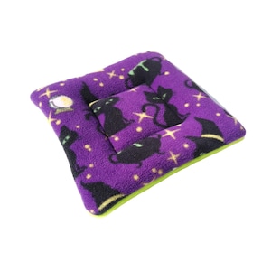 May include: A purple pet bed with a Halloween design. The bed has a pattern of black cats, witch hats, stars, and a crystal ball on a purple background. The edges are trimmed with green fabric.