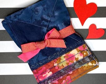 Mug Rugs, Coasters, Quilt Coasters, Blue, Red, Bronze Mini Quilt, Coffee Coasters, Handsewn, Gift Set, 2 pcs, 6x4" Each
