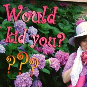 May include: A framed artwork features the text "Would I kid you?" in pink script above and below a cluster of purple hydrangeas. The background includes green foliage and a woman wearing a white hat and purple shawl.