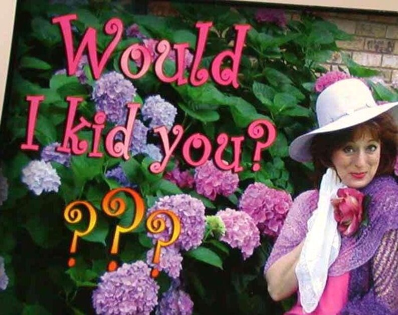 May include: A framed artwork features the text "Would I kid you?" in pink script above and below a cluster of purple hydrangeas. The background includes green foliage and a woman wearing a white hat and purple shawl.
