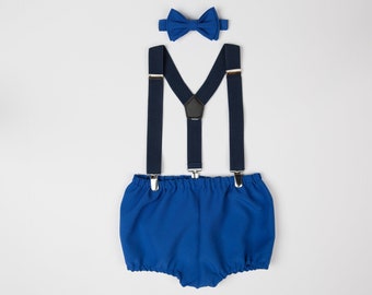 Cake Smash Outfit for Baby Boy -- Navy Suspenders & Royal Blue Bow Tie with Royal Blue Diaper Cover Shorts