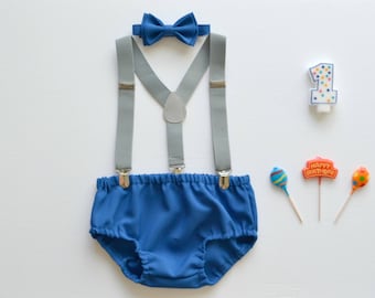 Cake Smash Outfit Gray Blue -- Royal Blue Bow Tie & Royal Blue Diaper Cover with Gray Suspenders