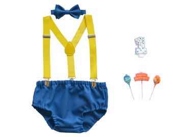 Cake Smash Outfit Blue Yellow -- Boys First Birthday Outfit Yellow Blue