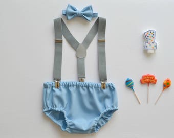 Cake Smash Outfit Gray Blue -- Boys First Birthday Outfit Gray Blue -- Baby Blue Bow Tie & Baby Blue Diaper Cover with Gray Suspenders