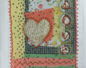 Folk Fabric Prayer Flag Artsy Gift Textile Collage- "Love"