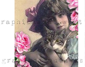 Rosey Valentine Postcards 4x6 Girls with Roses and Cat Instant download high-resolution digital download