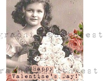 2 Valentine Postcards 4x6 Girls with Pink Roses and Cat Instant download high-resolution  digital download