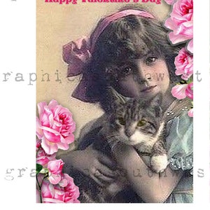 Rosey Valentine Postcards 4x6 Girls with Roses and Cat Instant download high-resolution digital download