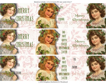 Instant download  high resolution  - 2 digital files Mistletoe and Holly ATC size cards