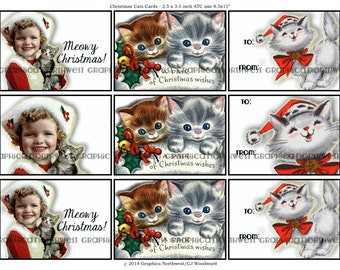 Instant download  high resolution  - 3 digital files Christmas Cat ATC size cards