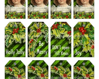 Instant download high resolution digital file green girl holly Christmas tags