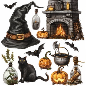 May include: A collection of Halloween themed illustrations including a black witch's hat, a fireplace with a fire, a black cat, a cauldron, pumpkins, and potion bottles.