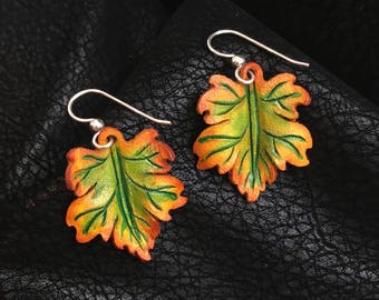 Maple Leaf Leather Earrings - Sterling Silver, Orange, Green, Yellow