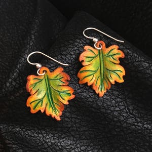 Maple Leaf Leather Earrings Sterling Silver, Orange, Green, Yellow image 1
