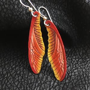 Dragonfly Wings Leather Earrings Sterling Silver Ear Wires, Orange and Yellow image 1